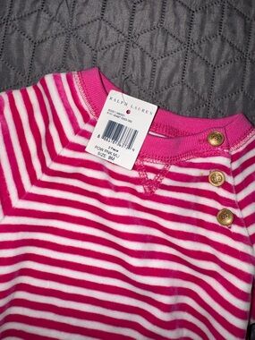 Ralph Lauren Hot Pink & White Striped Long Sleeve Baby Tee with Gold Buttons